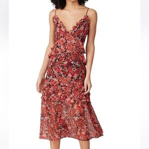 Stevie May No Such Thing Floral Print Ruffle V-Neck Chiffon Midi Dress Sz XS